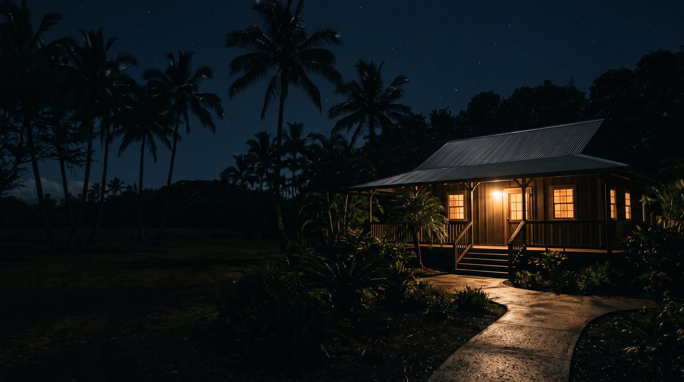 A single-story Hawaiian plantation-style house at night, warm light in the windows and one porch fixture lighting the front walk, palms silhouetted against a dark sky.
