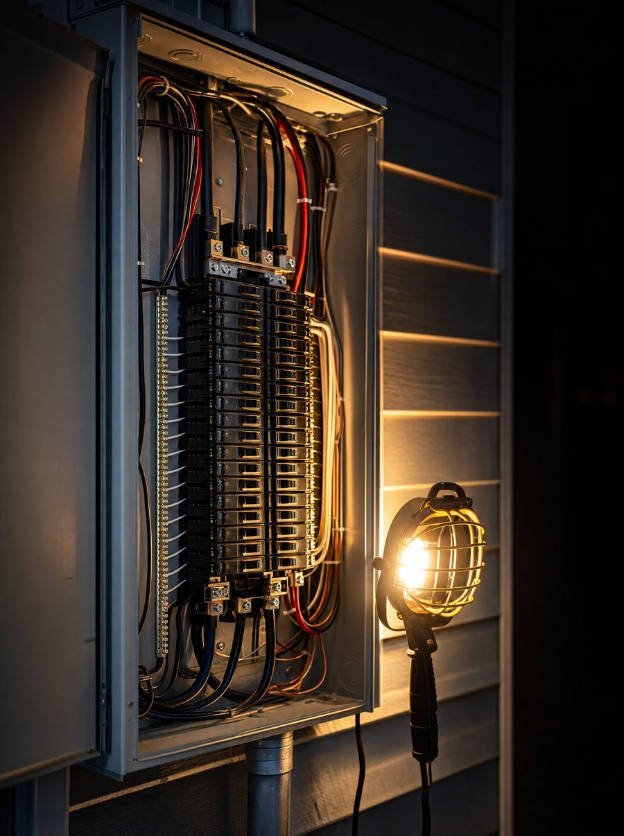 An open exterior electrical panel at night, rows of breakers and neatly dressed conductors lit by a caged work light.
